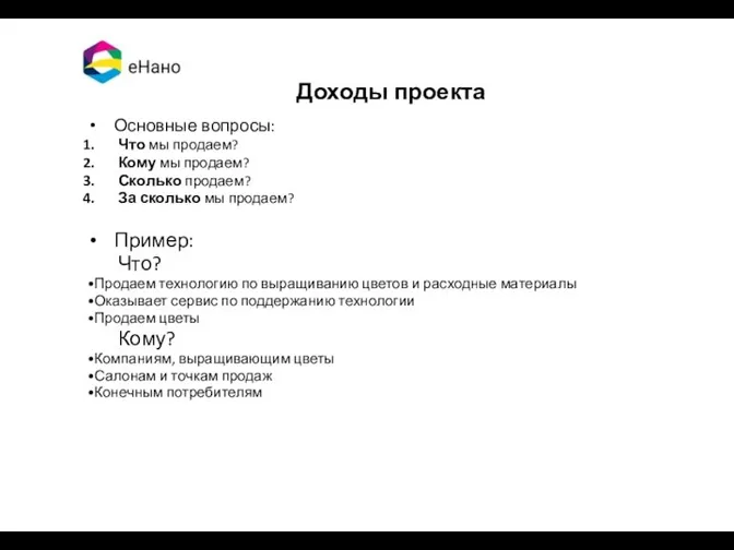 Доходы проекта Основные вопросы: Что мы продаем? Кому мы продаем?