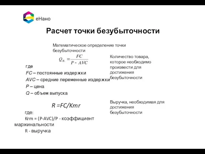 Расчет точки безубыточности Математическое определение точки безубыточности Количество товара, которое