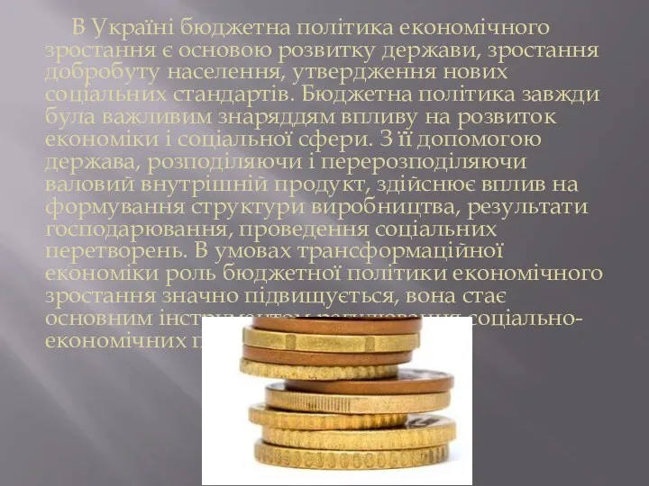 В Україні бюджетна політика економічного зростання є основою розвитку держави,