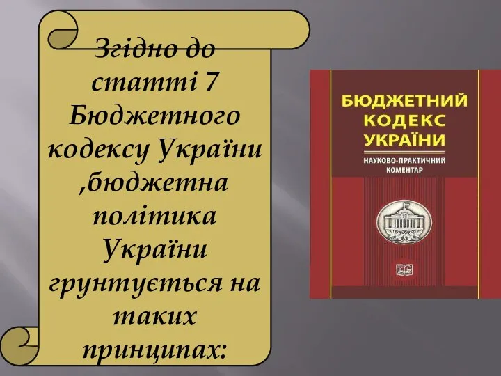 Згідно до статті 7 Бюджетного кодексу України ,бюджетна політика України грунтується на таких принципах: