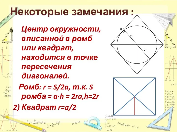 Некоторые замечания : Центр окружности, вписанной в ромб или квадрат,