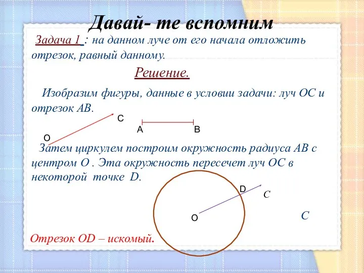 Давай- те вспомним Задача 1 : на данном луче от