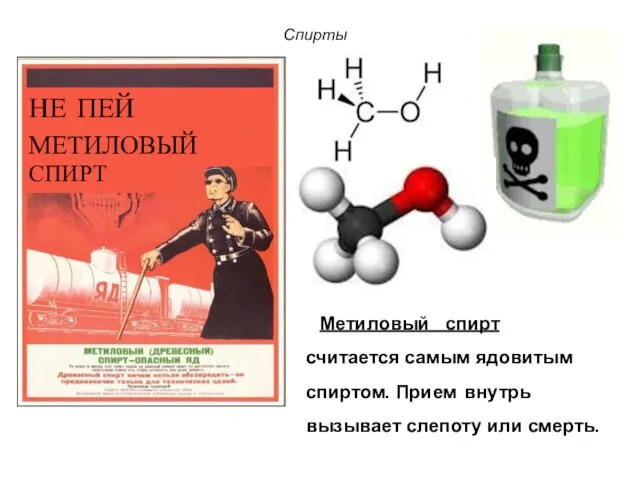 Спирты Метиловый спирт считается самым ядовитым спиртом. Прием внутрь вызывает