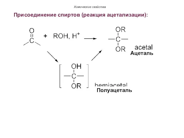 Присоединение спиртов (реакция ацетализации): Химические свойства Ацеталь Полуацеталь