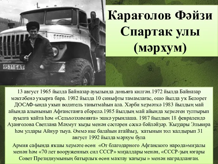 Карағолов Фәйзи Спартак улы (мәрхум) 13 август 1965 йылда Байназар ауылында доньяға килгән.1972