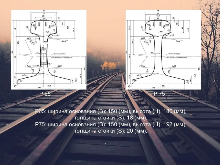 Р 65 Р 75 Р65: ширина основания (B): 150 (мм),