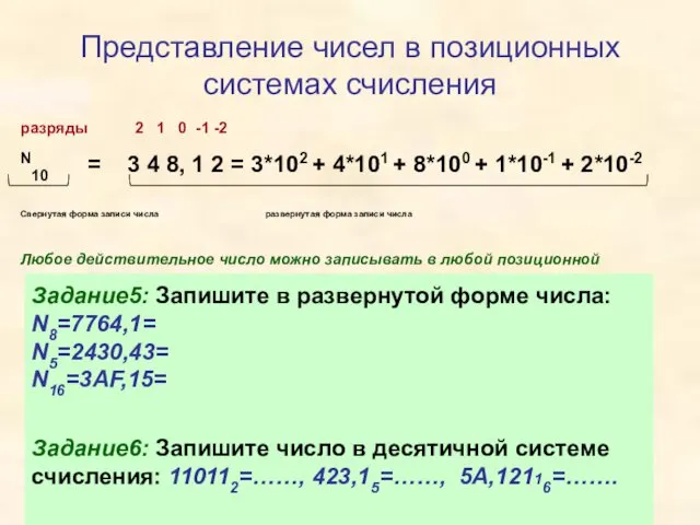 Представление чисел в позиционных системах счисления разряды 2 1 0
