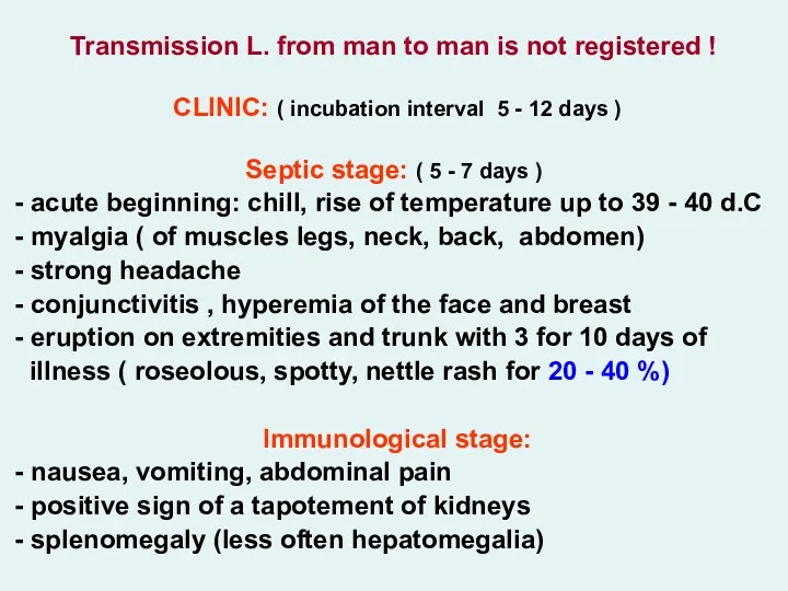 Transmission L. from man to man is not registered ! CLINIC: ( incubation