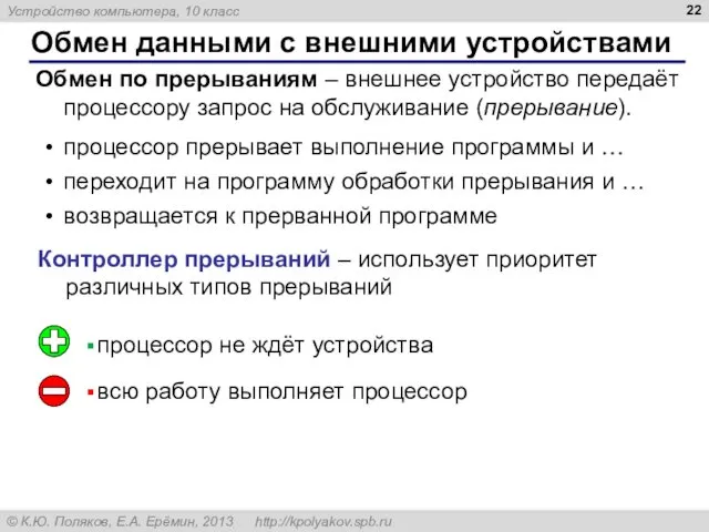 Обмен данными с внешними устройствами Обмен по прерываниям – внешнее