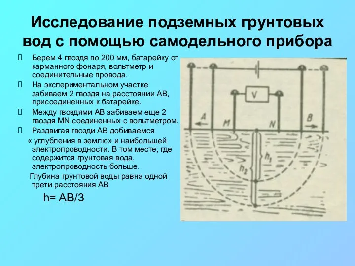 Исследование подземных грунтовых вод с помощью самодельного прибора Берем 4