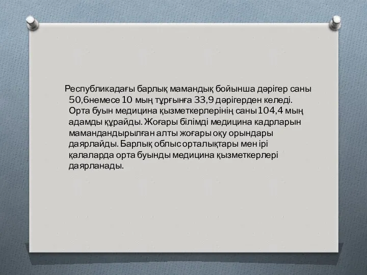 Республикадағы барлық мамандық бойынша дәрігер саны 50,6немесе 10 мың тұрғынға 33,9 дәрігерден келеді.