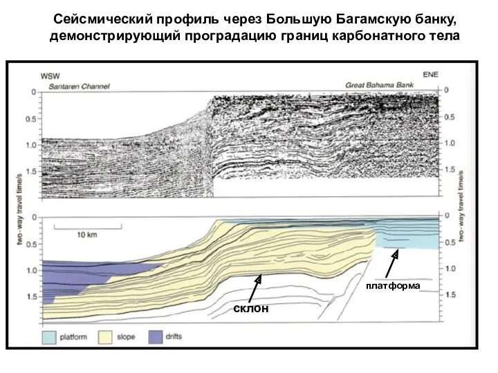 Сейсмический профиль через Большую Багамскую банку, демонстрирующий проградацию границ карбонатного тела платформа склон