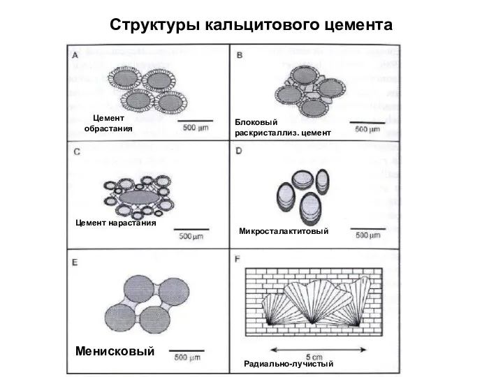 Структуры кальцитового цемента Цемент обрастания Блоковый раскристаллиз. цемент Цемент нарастания Микросталактитовый Менисковый Радиально-лучистый