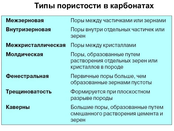 Типы пористости в карбонатах