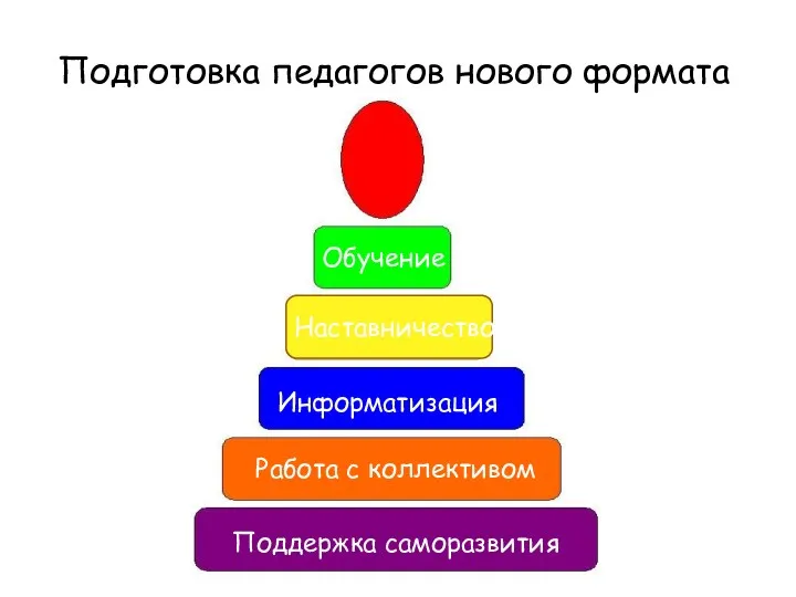 Поддержка саморазвития Работа с коллективом Информатизация Обучение Наставничество Подготовка педагогов нового формата