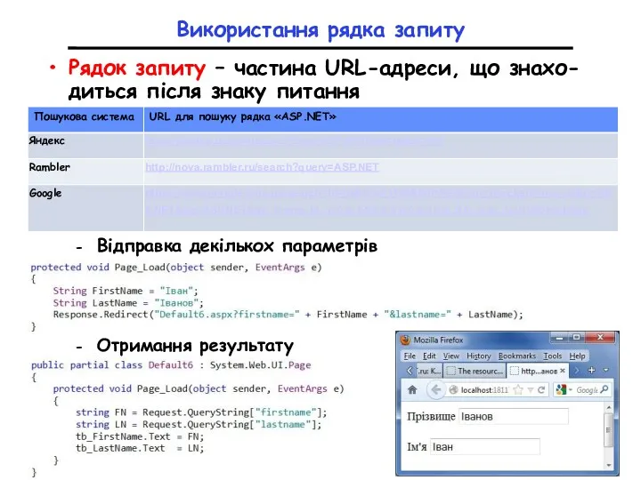 Використання рядка запиту Рядок запиту – частина URL-адреси, що знахо-диться після знаку питання