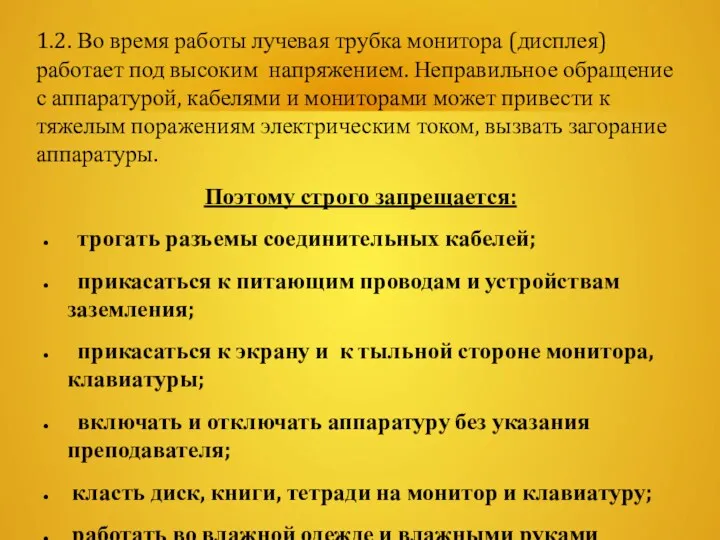 1.2. Во время работы лучевая трубка монитора (дисплея) работает под