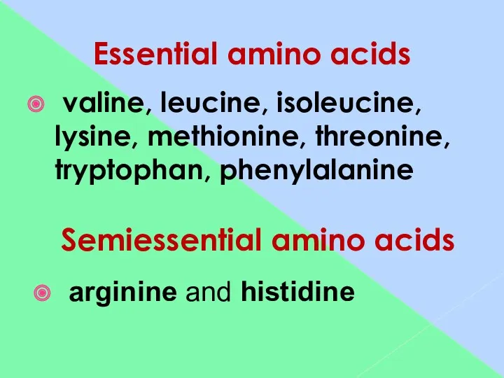 Essential amino acids valine, leucine, isoleucine, lysine, methionine, threonine, tryptophan,