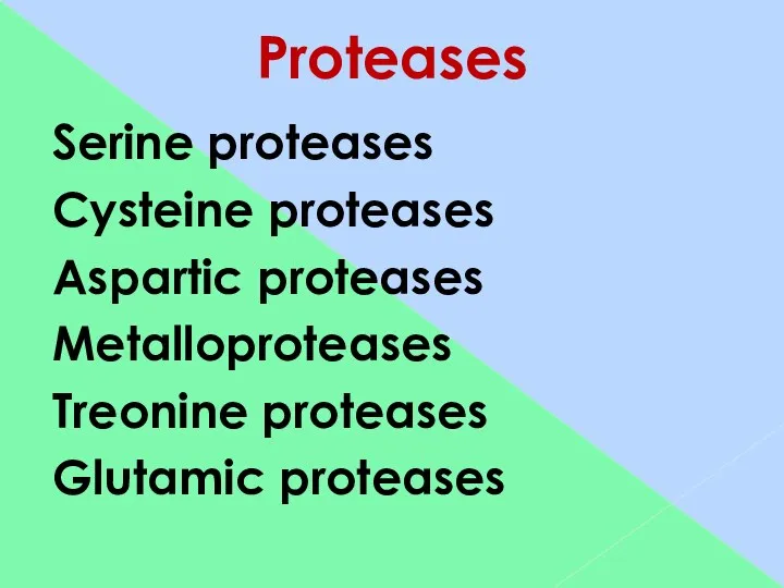 Proteases Serine proteases Cysteine proteases Aspartic proteases Metalloproteases Treonine proteases Glutamic proteases