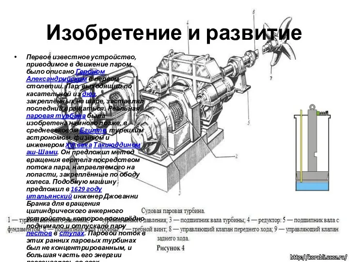 Изобретение и развитие Первое известное устройство, приводимое в движение паром,