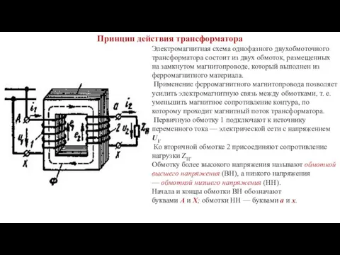 Принцип действия трансформатора Электромагнитная схема однофазного двухобмоточного трансформатора состоит из