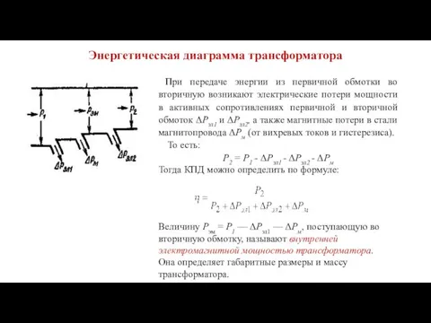 Энергетическая диаграмма трансформатора При передаче энергии из первичной обмотки во