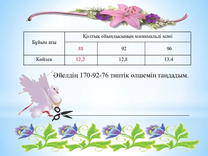 Әйелдің 170-92-76 типтік өлшемін таңдадым.