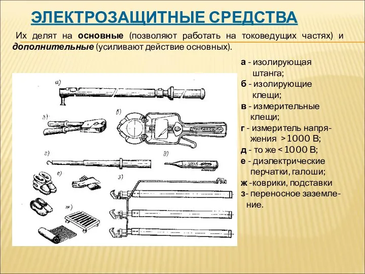 ЭЛЕКТРОЗАЩИТНЫЕ СРЕДСТВА Их делят на основные (позволяют работать на токоведущих