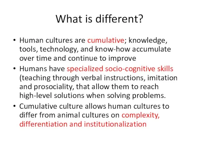 What is different? Human cultures are cumulative; knowledge, tools, technology, and know-how accumulate