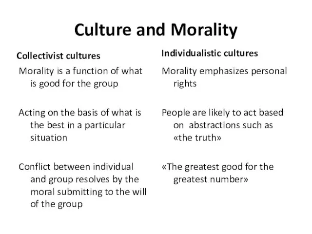 Culture and Morality Collectivist cultures Morality is a function of what is good