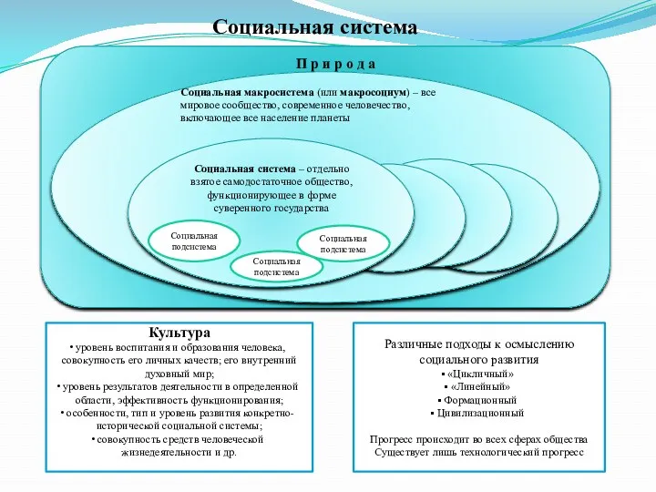 Социальная система Культура уровень воспитания и образования человека, совокупность его