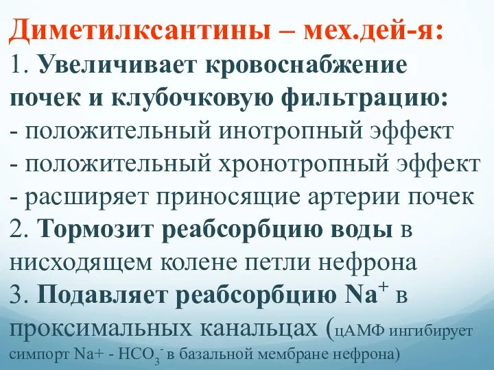 Диметилксантины – мех.дей-я: 1. Увеличивает кровоснабжение почек и клубочковую фильтрацию: