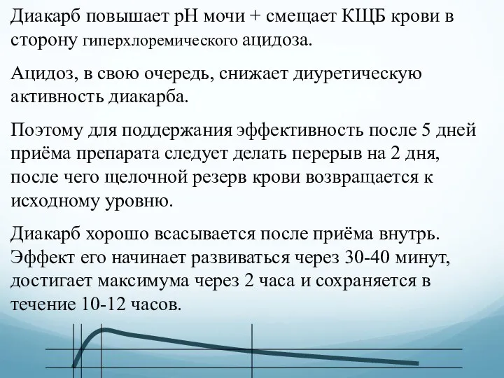 Диакарб повышает рН мочи + смещает КЩБ крови в сторону