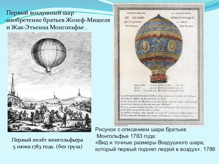 Первый полёт монгольфьера 5 июня 1783 года. (без груза) Рисунок