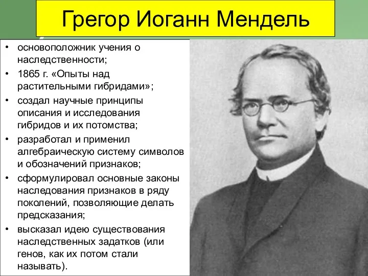 Грегор Иоганн Мендель основоположник учения о наследственности; 1865 г. «Опыты