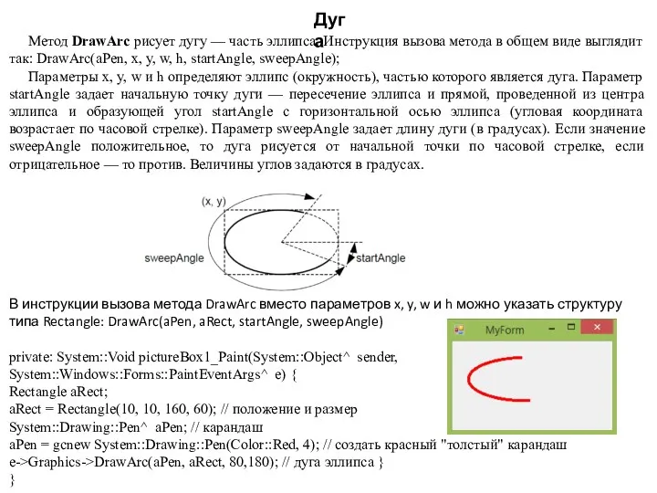 Дуга Метод DrawArc рисует дугу — часть эллипса. Инструкция вызова