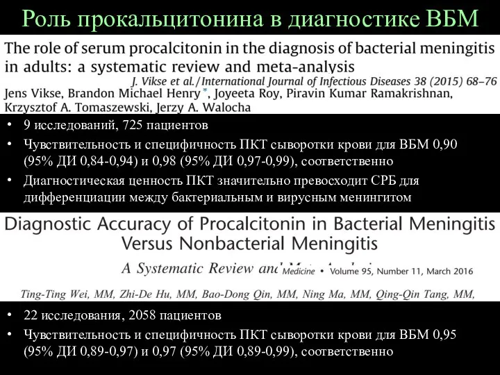 Роль прокальцитонина в диагностике ВБМ 9 исследований, 725 пациентов Чувствительность