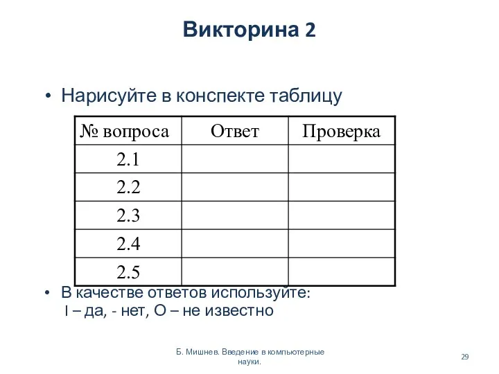 Викторина 2 Нарисуйте в конспекте таблицу В качестве ответов используйте: