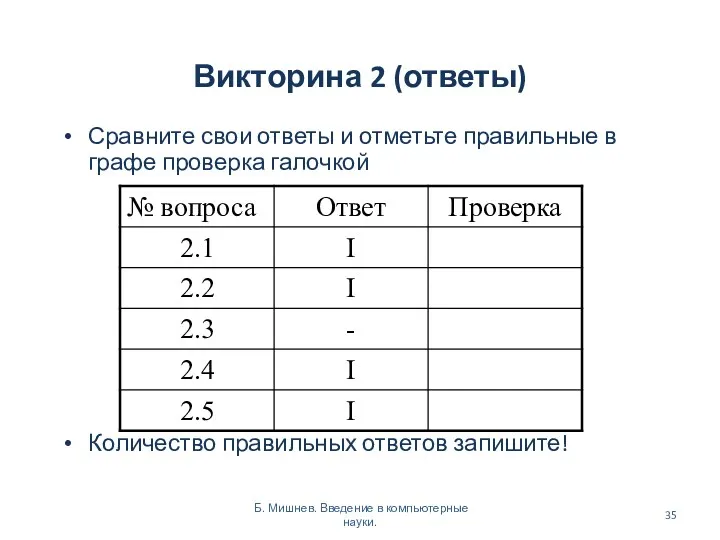 Викторина 2 (ответы) Сравните свои ответы и отметьте правильные в