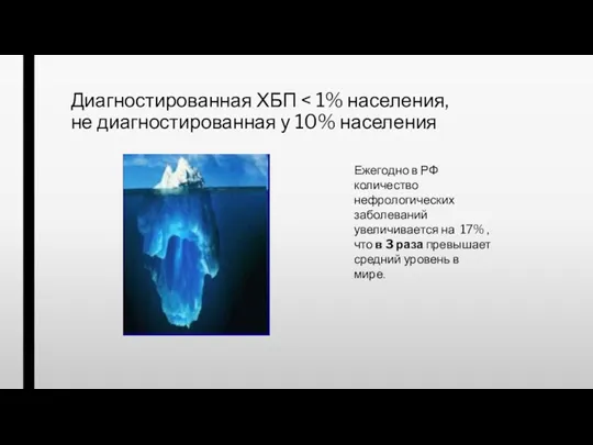 Диагностированная ХБП Ежегодно в РФ количество нефрологических заболеваний увеличивается на