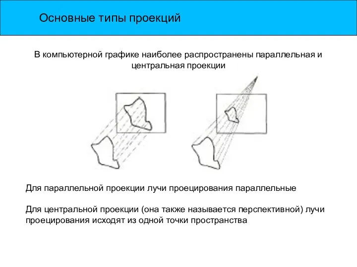 Основные типы проекций В компьютерной графике наиболее распространены параллельная и