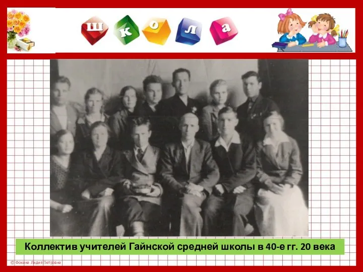 Коллектив учителей Гайнской средней школы в 40-е гг. 20 века