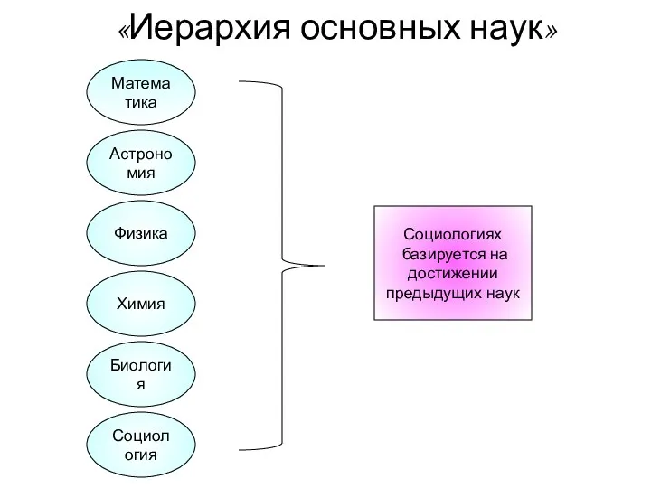 «Иерархия основных наук» Математика Астрономия Физика Химия Биология Социология Социологиях базируется на достижении предыдущих наук