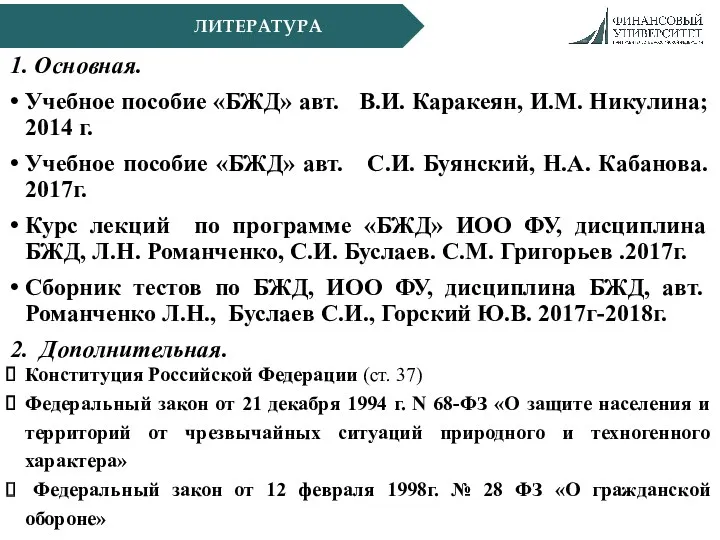 ЛИТЕРАТУРА 1. Основная. Учебное пособие «БЖД» авт. В.И. Каракеян, И.М.