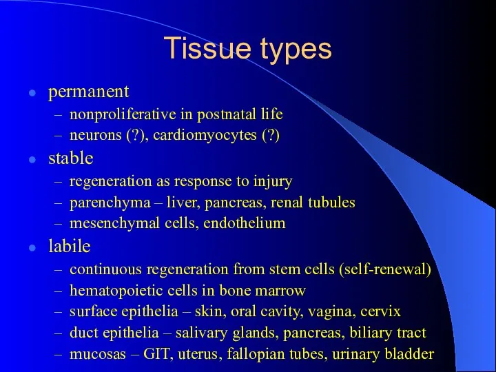 Tissue types permanent nonproliferative in postnatal life neurons (?), cardiomyocytes