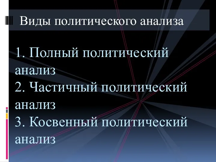 Виды политического анализа 1. Полный политический анализ 2. Частичный политический анализ 3. Косвенный политический анализ