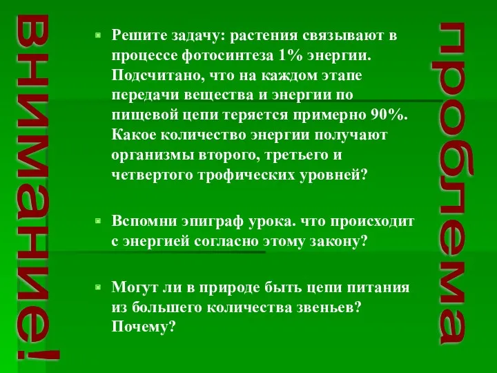 Решите задачу: растения связывают в процессе фотосинтеза 1% энергии. Подсчитано, что на каждом