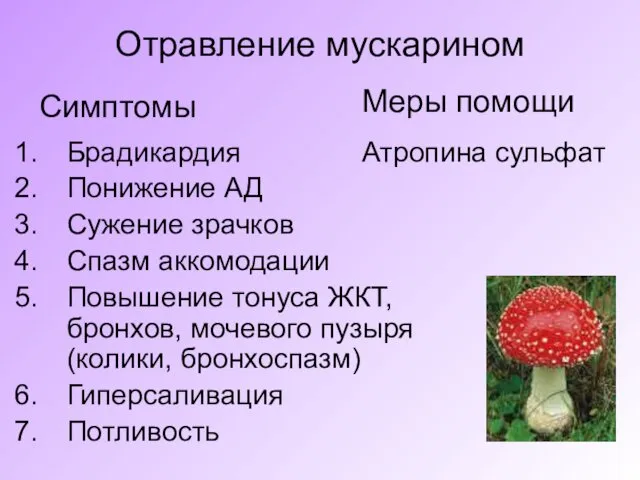 Отравление мускарином Брадикардия Понижение АД Сужение зрачков Спазм аккомодации Повышение