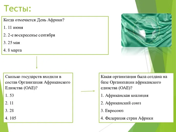 Тесты: Когда отмечается День Африки? 1. 11 июня 2. 2-е