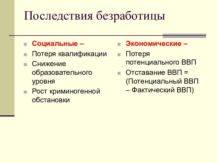 Последствия безработицы Социальные – Потеря квалификации Снижение образовательного уровня Рост